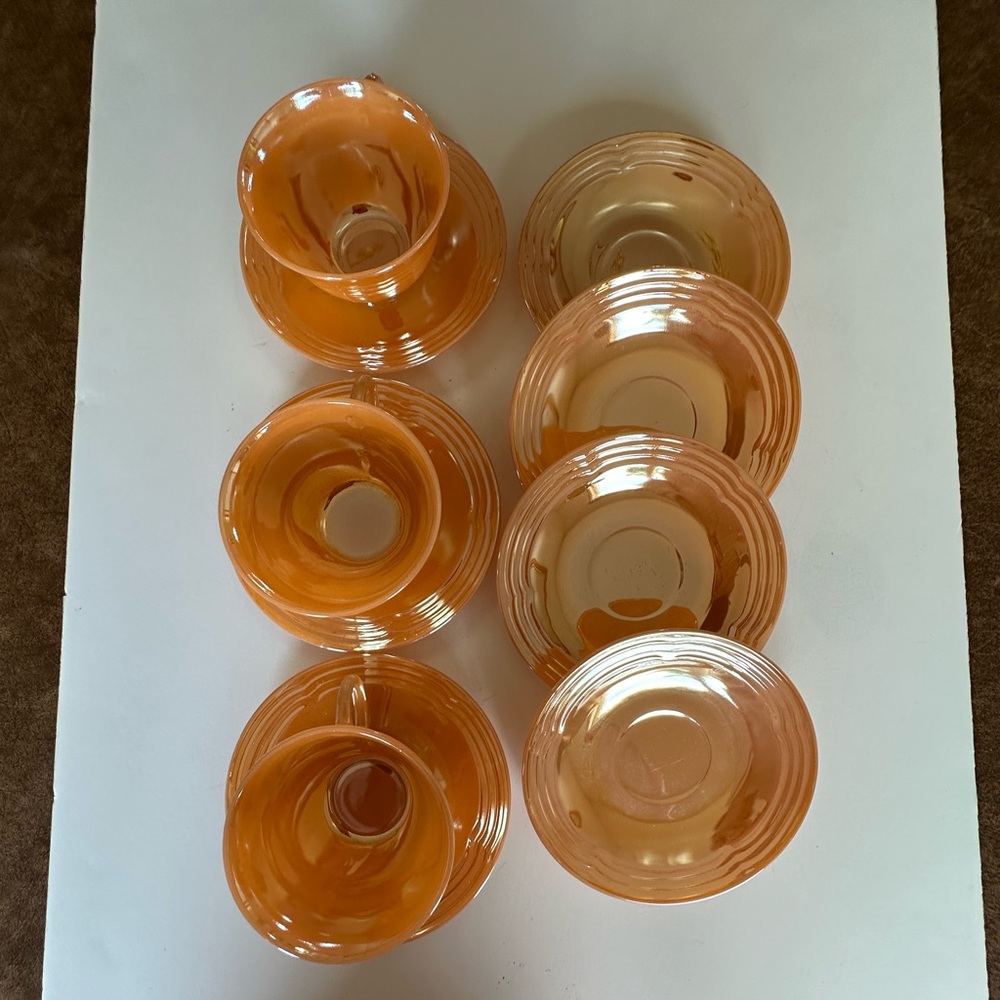 Vintage Peach Lustre set of 3 Fire King Cups & Saucers + 4 Saucers